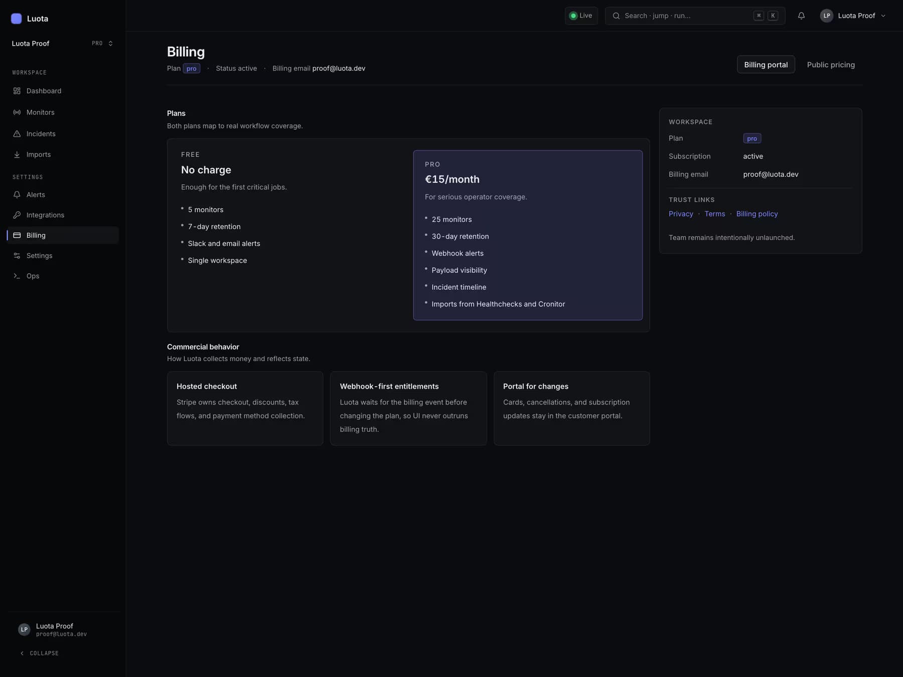 Static screenshot of the Luota billing page showing plan, subscription state, billing email, and Stripe portal controls in a demo workspace.