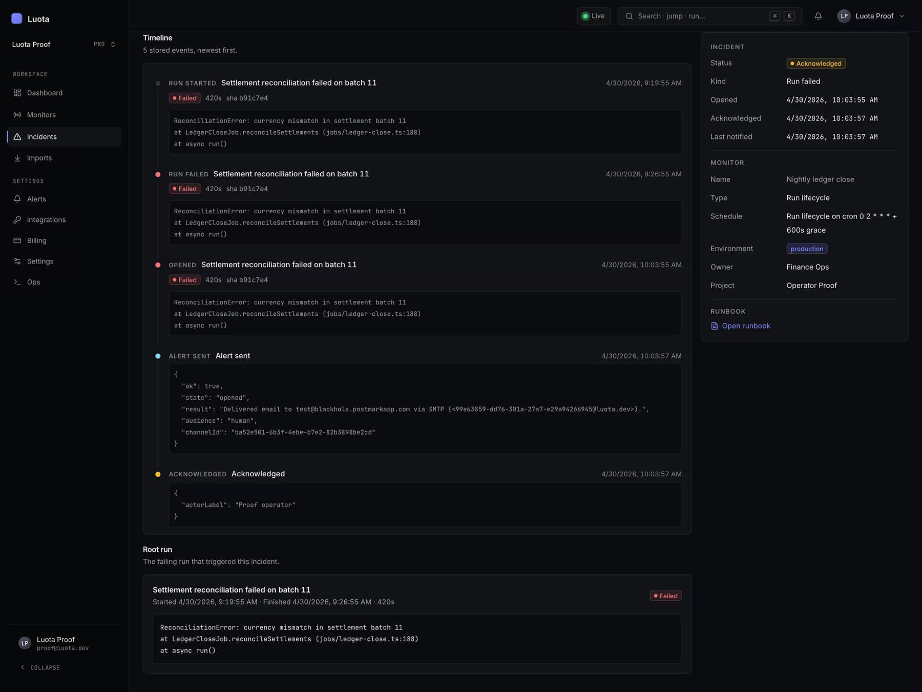 Luota incident screen showing timeline, evidence, and alert context.