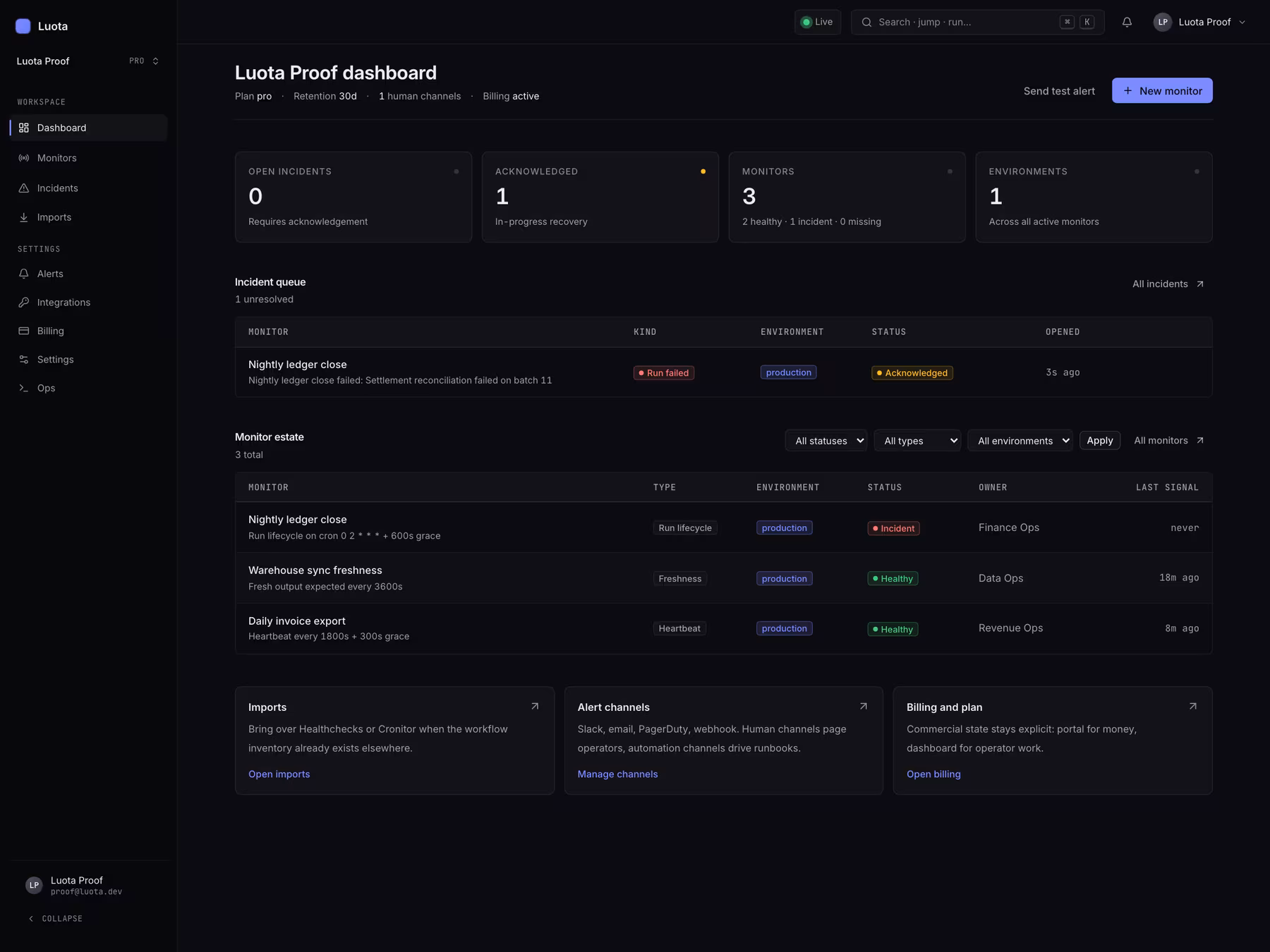 Luota dashboard showing active incidents, monitored workflows, and operator context.