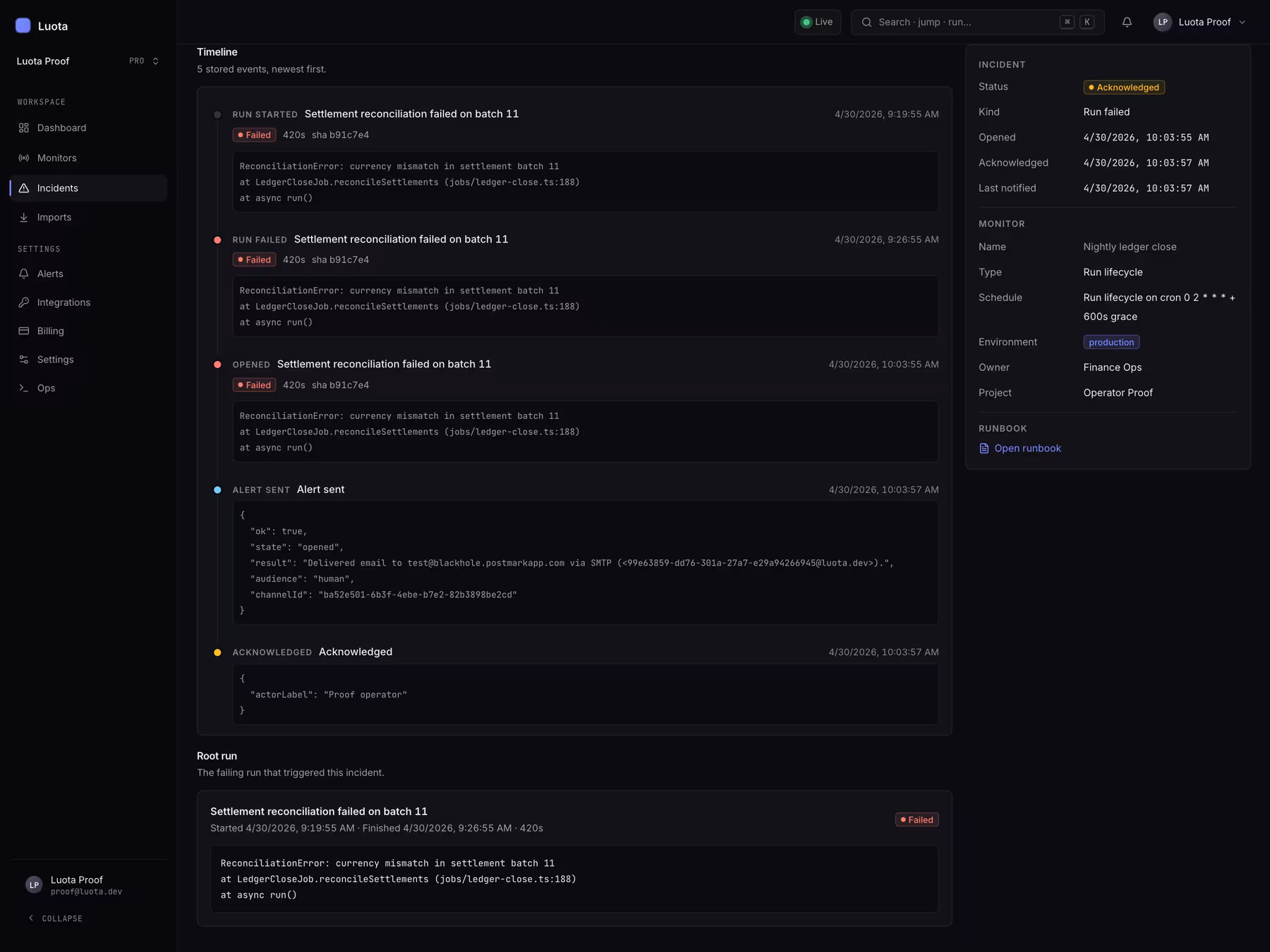 Luota incident detail screen showing status, timeline, payload evidence, and resolution context.