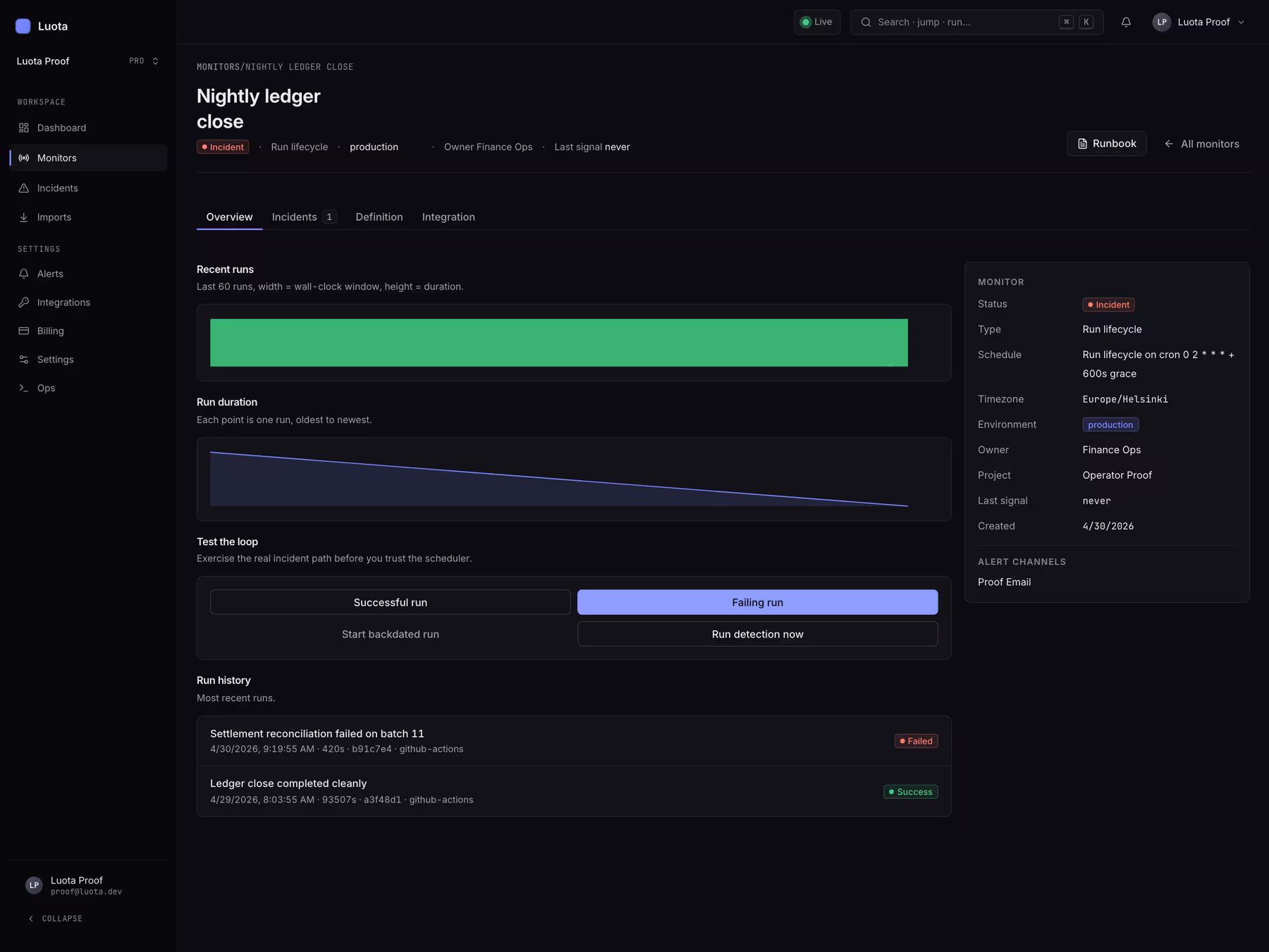 Luota monitor setup screen showing schedule, owner, recent runs, and integration context.